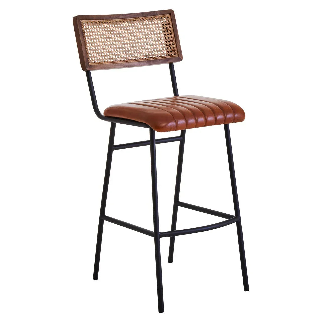 Brown leather bar stool with cane backrest and black metal legs, side angle view