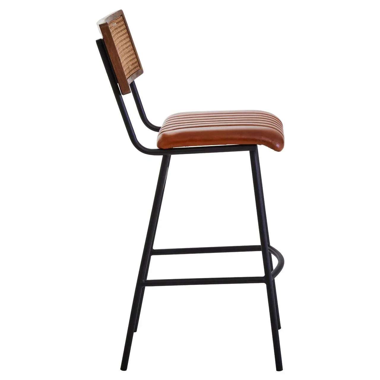 Bar stool with brown cushioned seat, metal legs, and a wooden rattan backrest side view