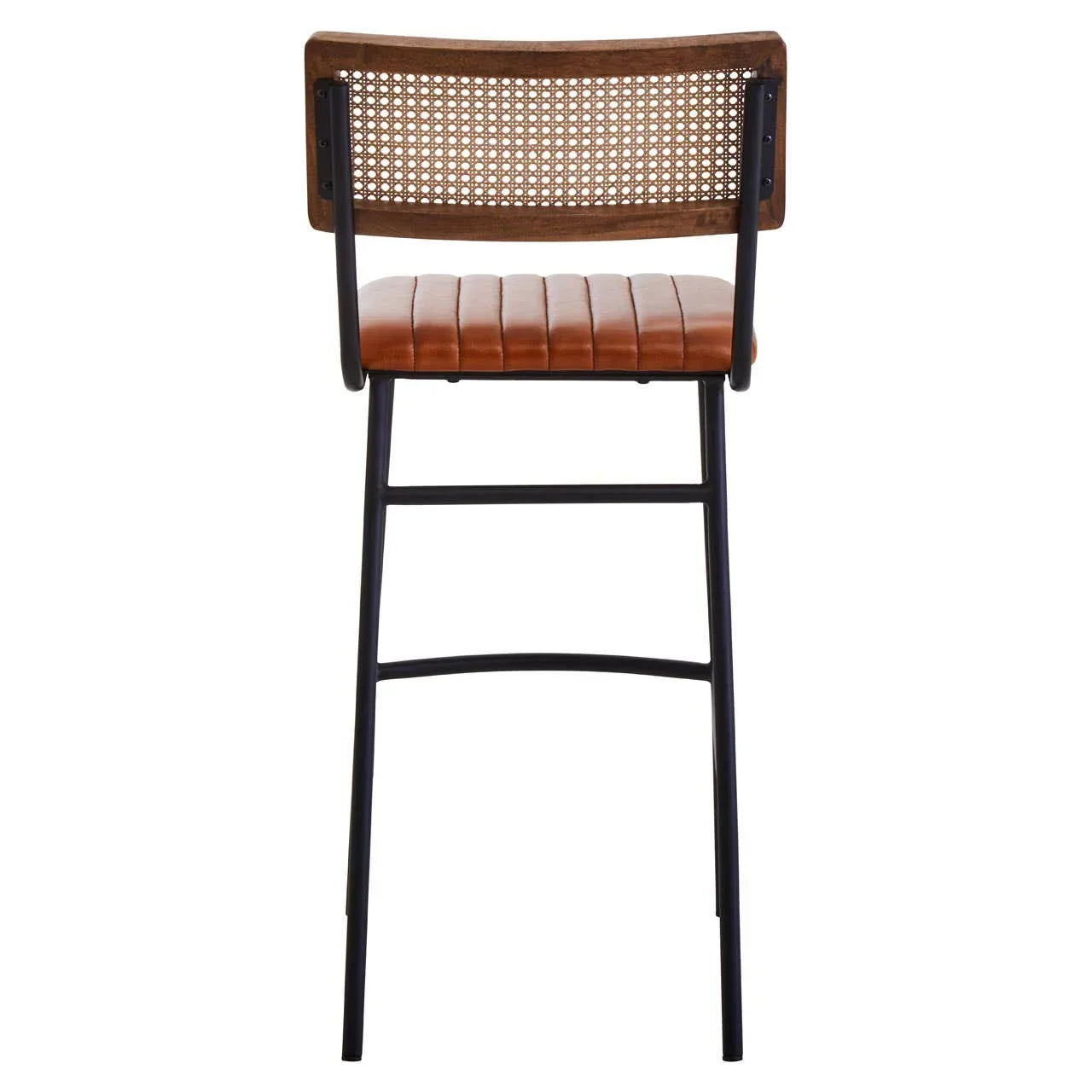 Brown leather bar stool with black metal legs and cane backrest, rear view