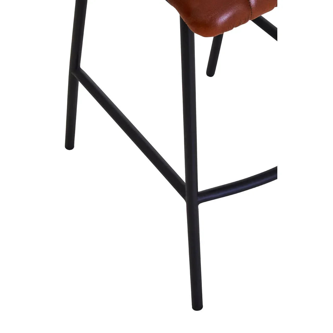 Close up of bar stool with brown leather seat and black metal legs