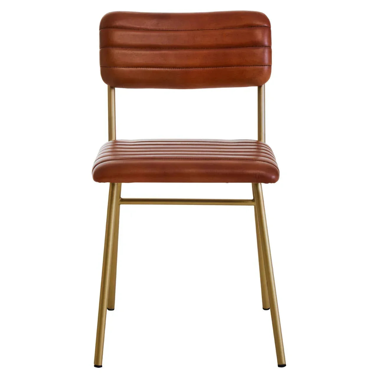 Brown leather dining chair with gold metal legs, front view