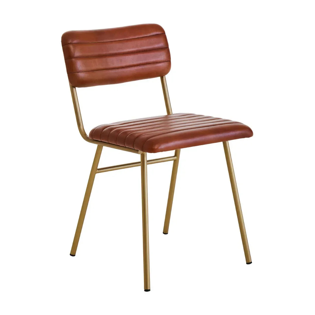 Brown faux leather dining chair with gold metal legs and horizontal stitching