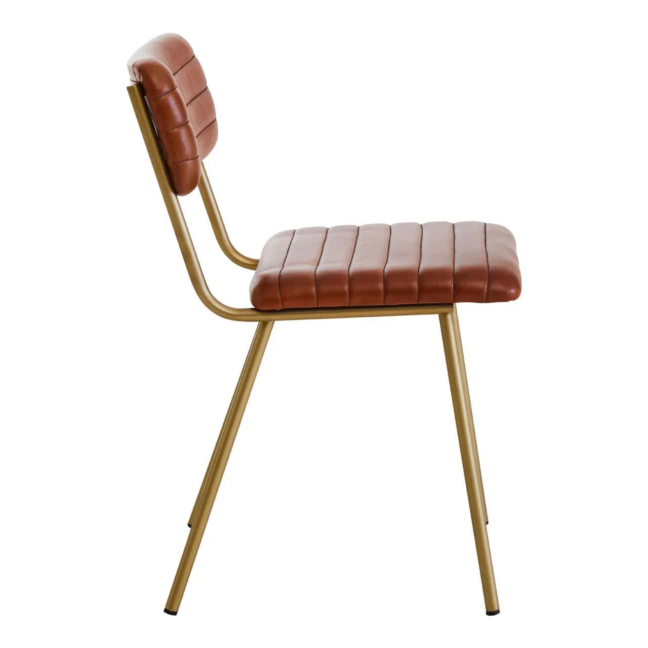 Brown leather dining chair with gold metal frame side view