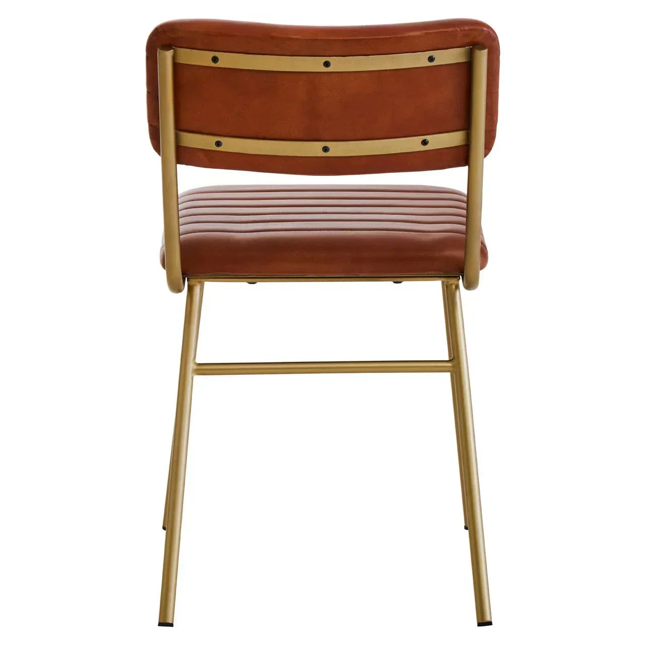 Brown leather dining chair with gold metal frame, rear view