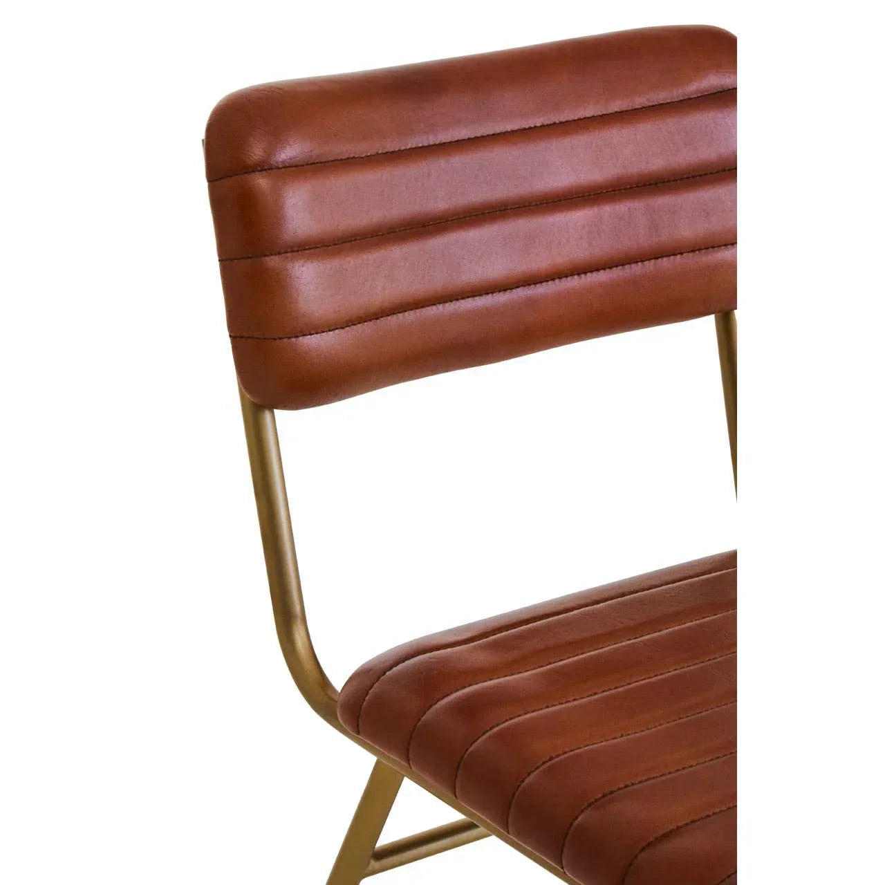 Brown faux leather dining chair with gold metal frame and horizontal stitching detail