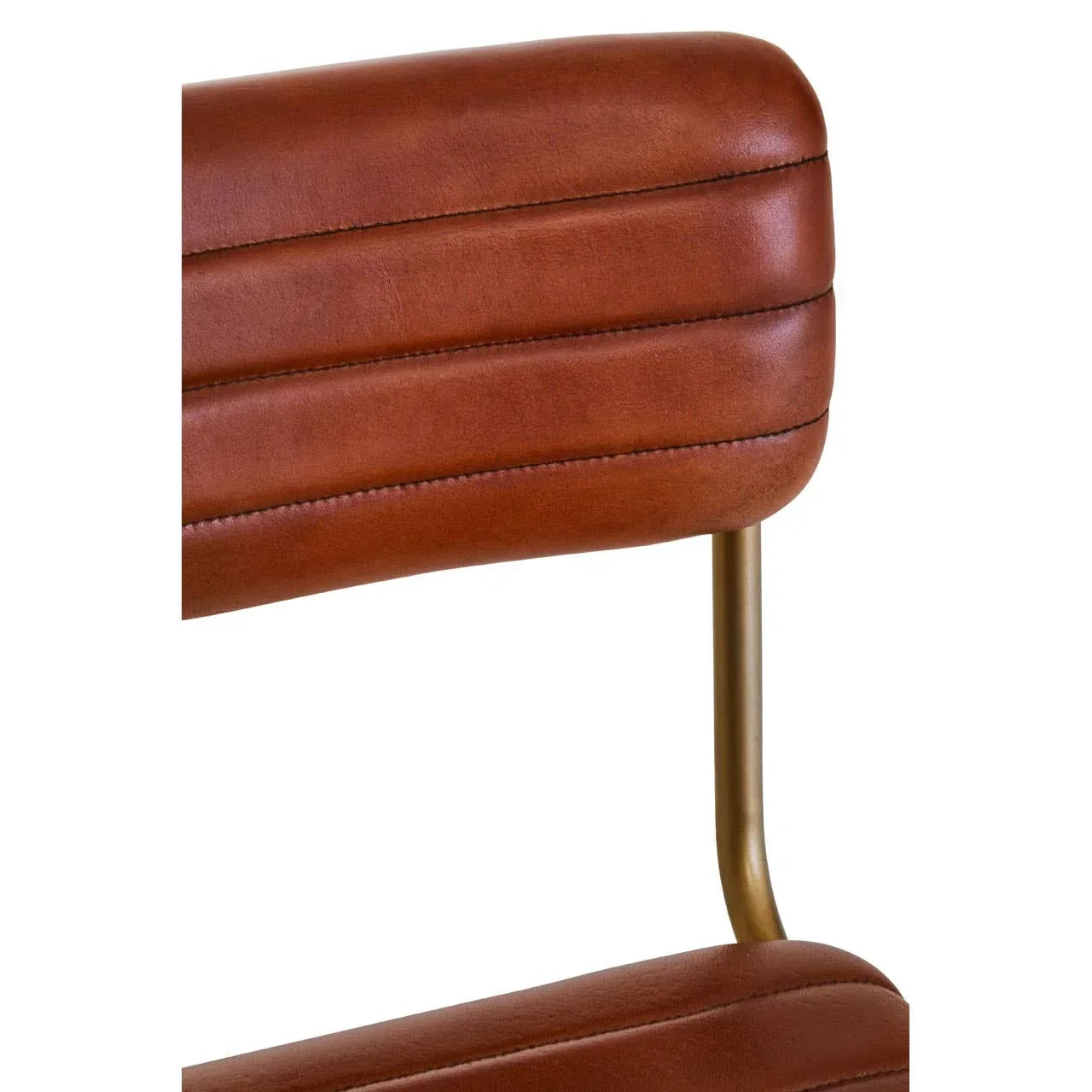 Brown leather chair backrest with horizontal stitching and metal frame detail