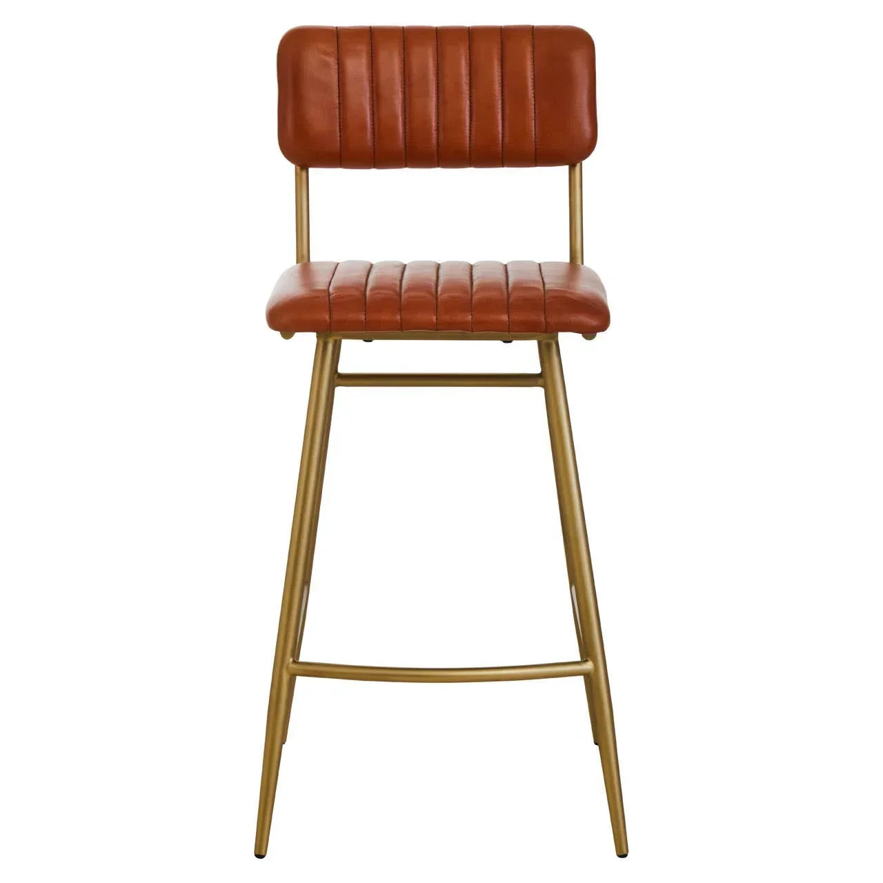 Brown leather bar stool with gold metal frame and vertical stitched seat detail, front view