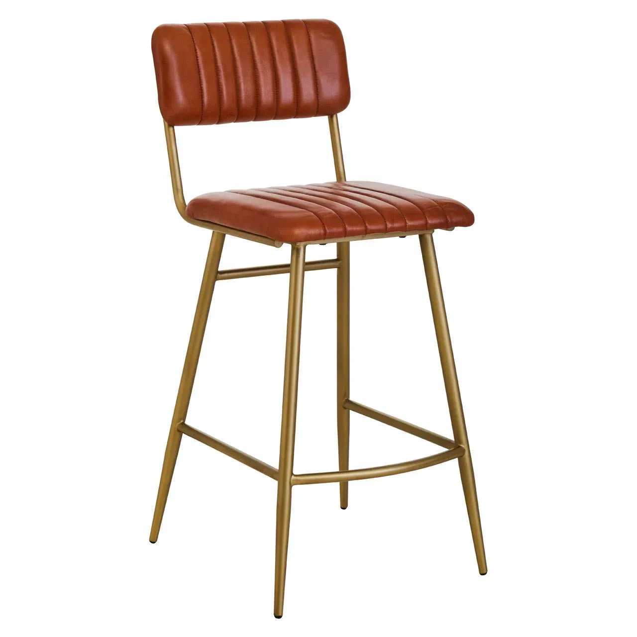 Brown leather bar stool with gold metal legs and vertical stitched detailing