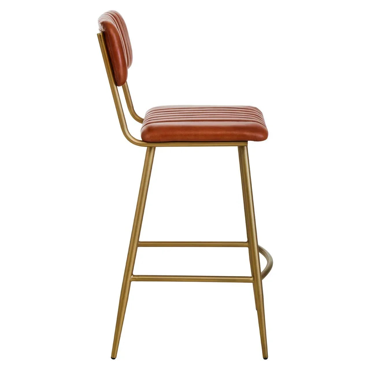 Leather bar stool with brass frame and ribbed seat shown from the side
