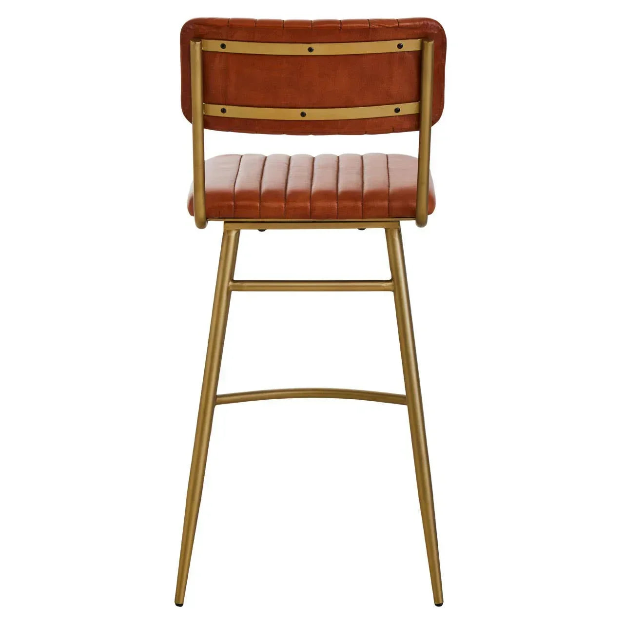 Brown leather bar stool with gold metal legs and backrest, rear view