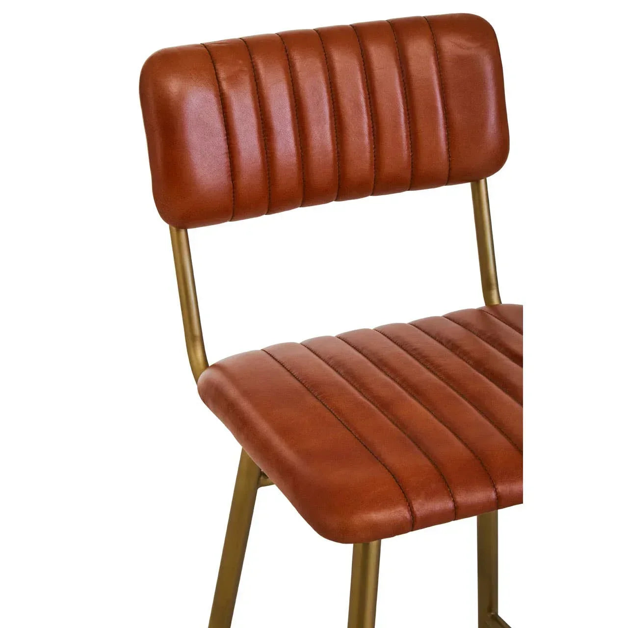 Brown faux leather dining chair with gold metal legs and horizontal stitching detail