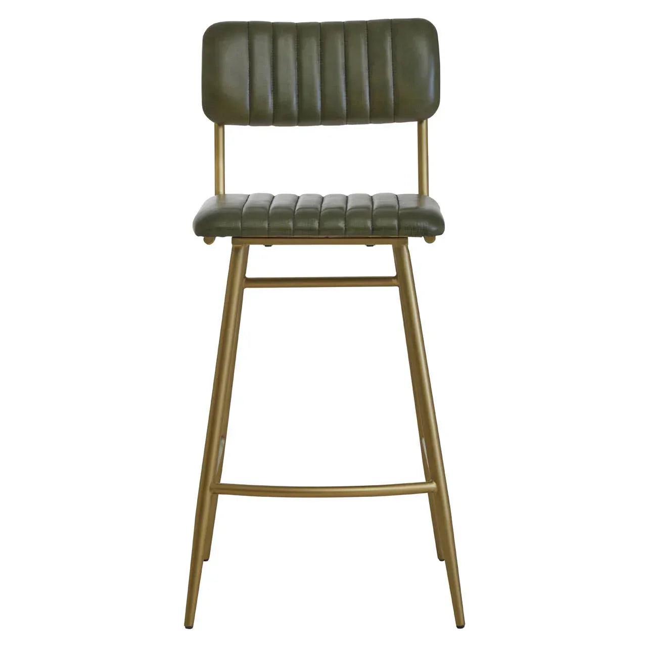 Green faux leather bar stool with gold metal legs and vertical stitching, front view
