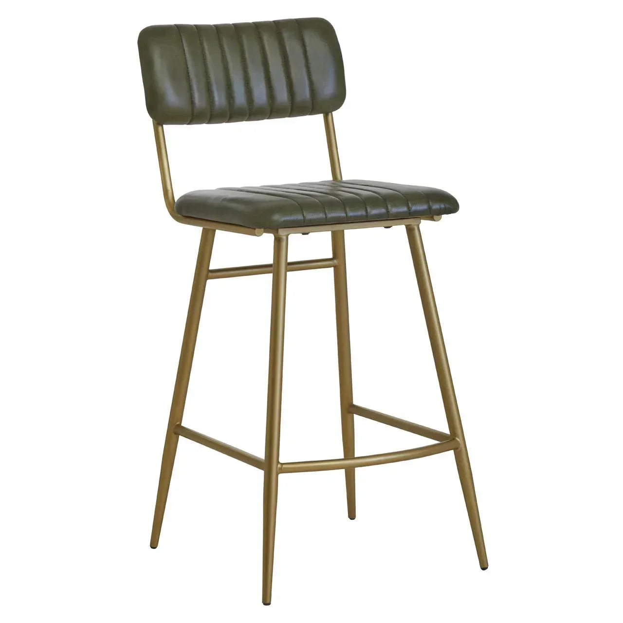 Green faux leather bar stool with gold metal legs and padded, ribbed backrest