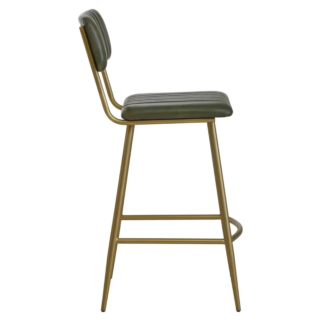 Green bar stool with padded seat and gold metal legs side view