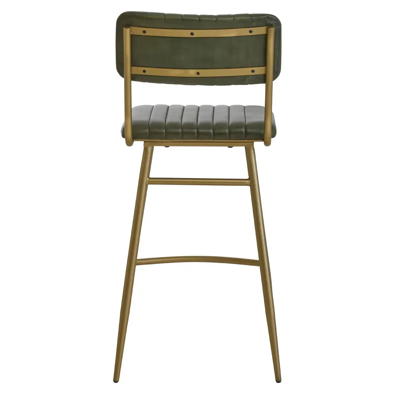 Green bar stool with metal frame, ribbed cushioned seat and back, rear view