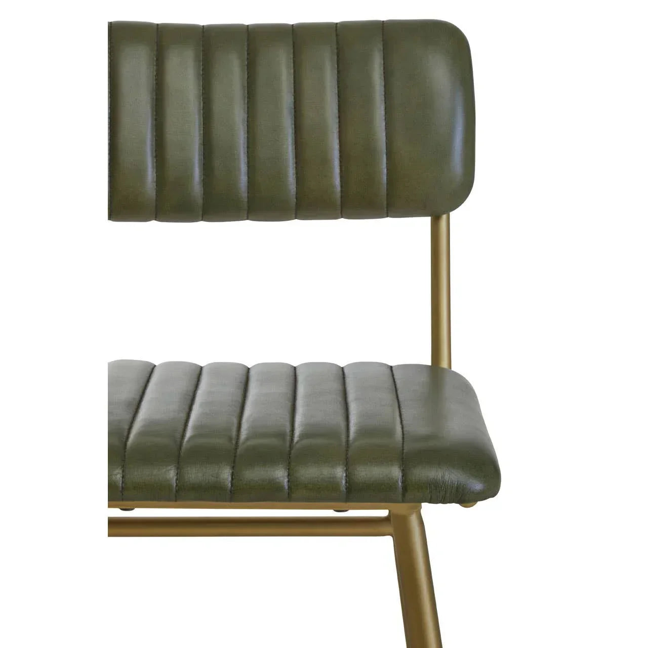 Green faux leather dining chair with gold metal frame and vertical stitching detail