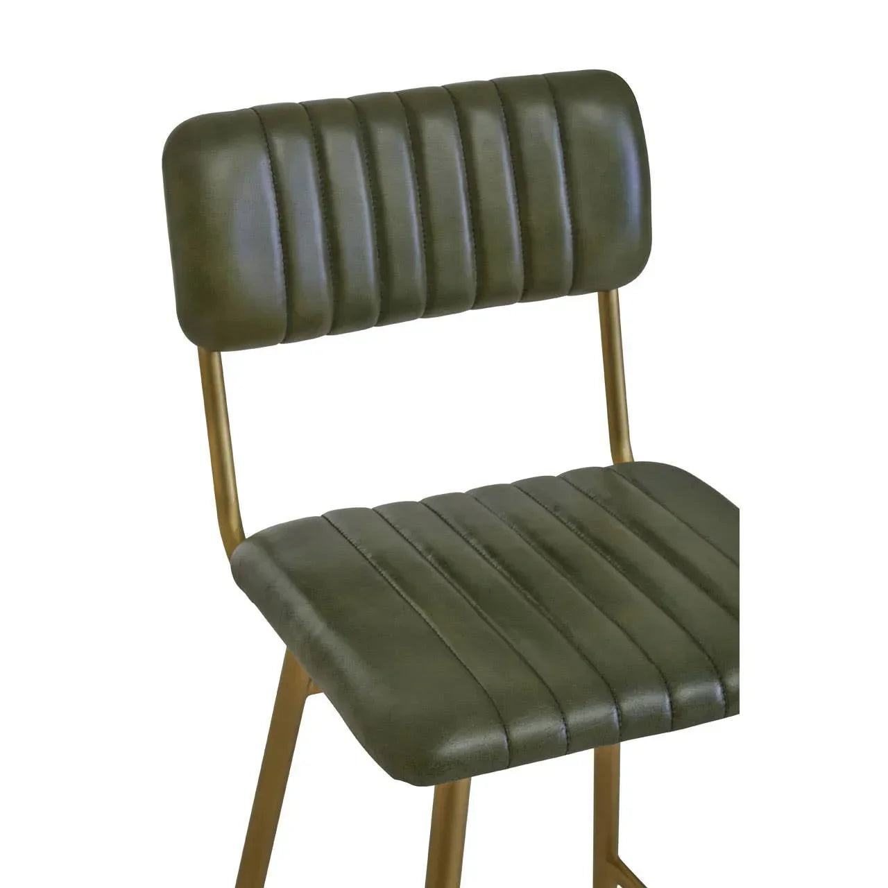 Green faux leather dining chair with gold metal frame and vertical stitch detail