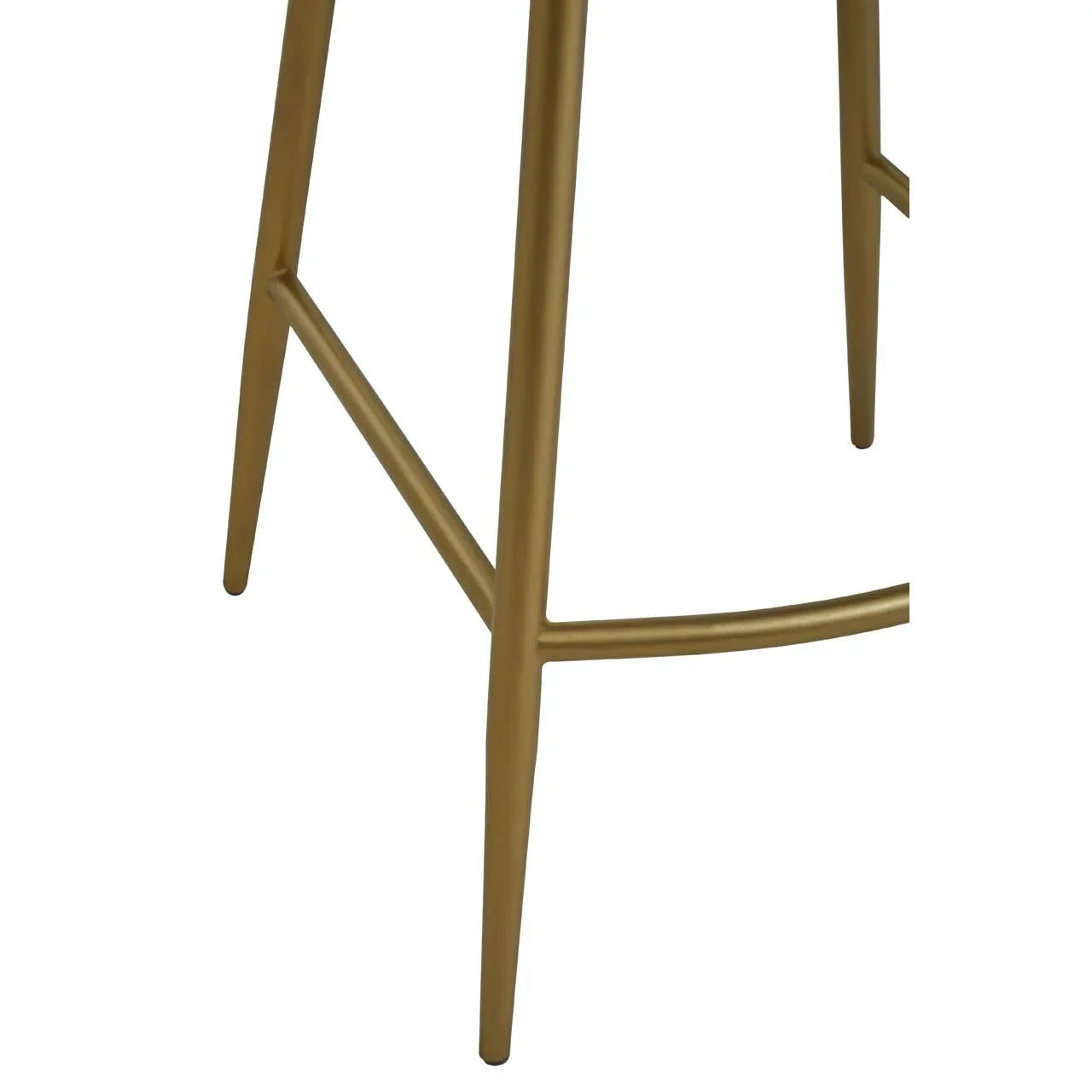 Gold metal bar stool legs with crossbar footrest, close-up detail on white background