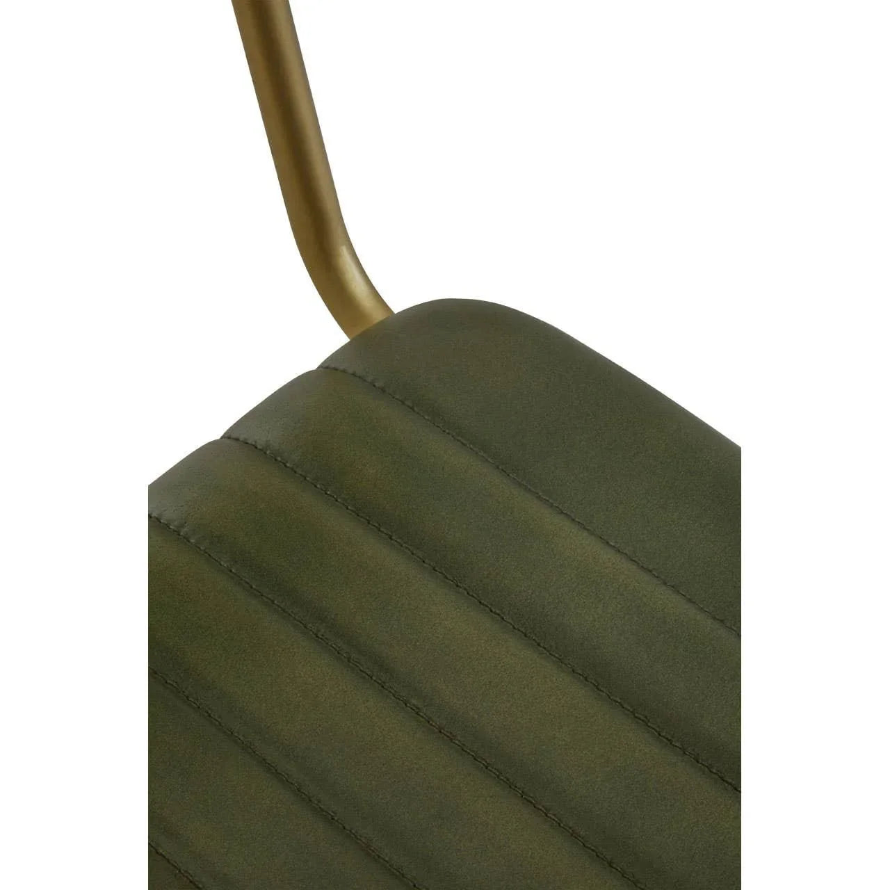 Close view of olive green dining chair seat with gold metal frame
