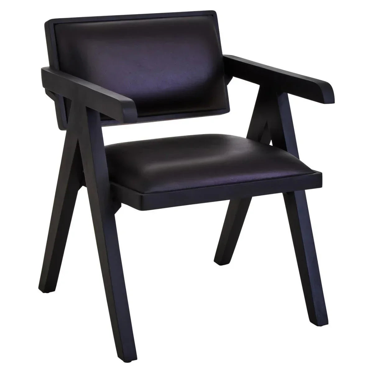 Black leather accent chair with angled wooden frame and padded seat, front view