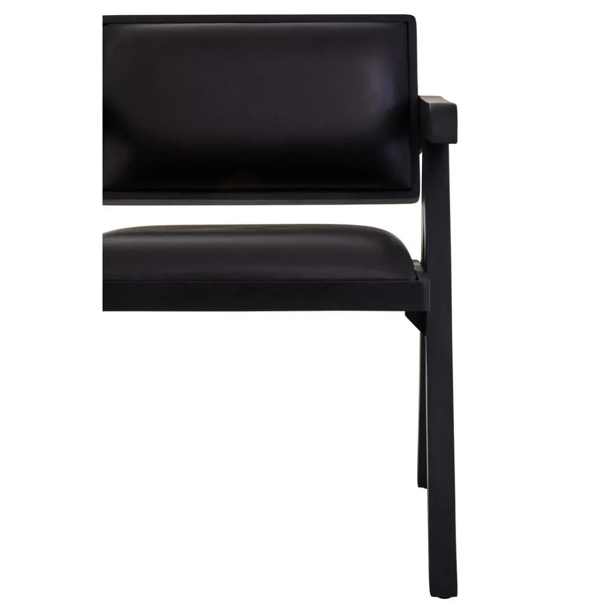 Black leather dining chair seat and backrest with angular frame, close side view