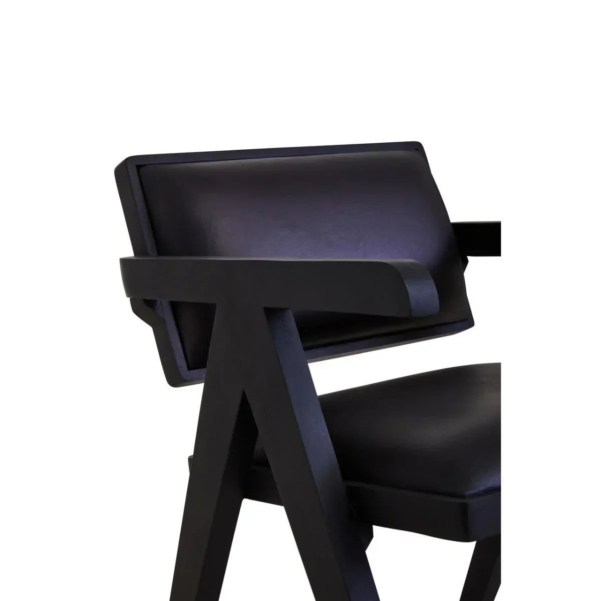 Modern black dining chair with padded seat and angled wooden armrest detail
