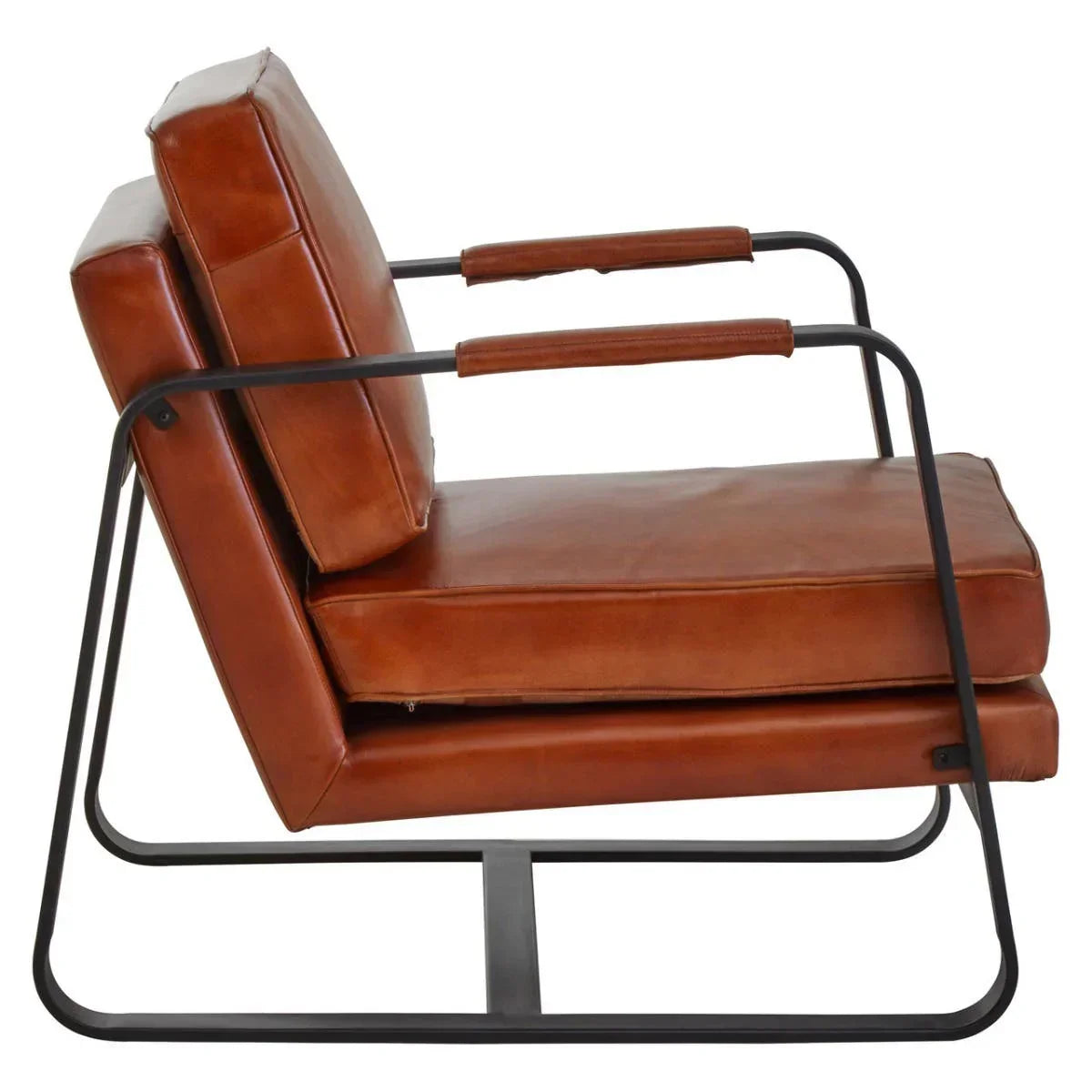 Brown leather accent chair with black metal frame and padded armrests, side view