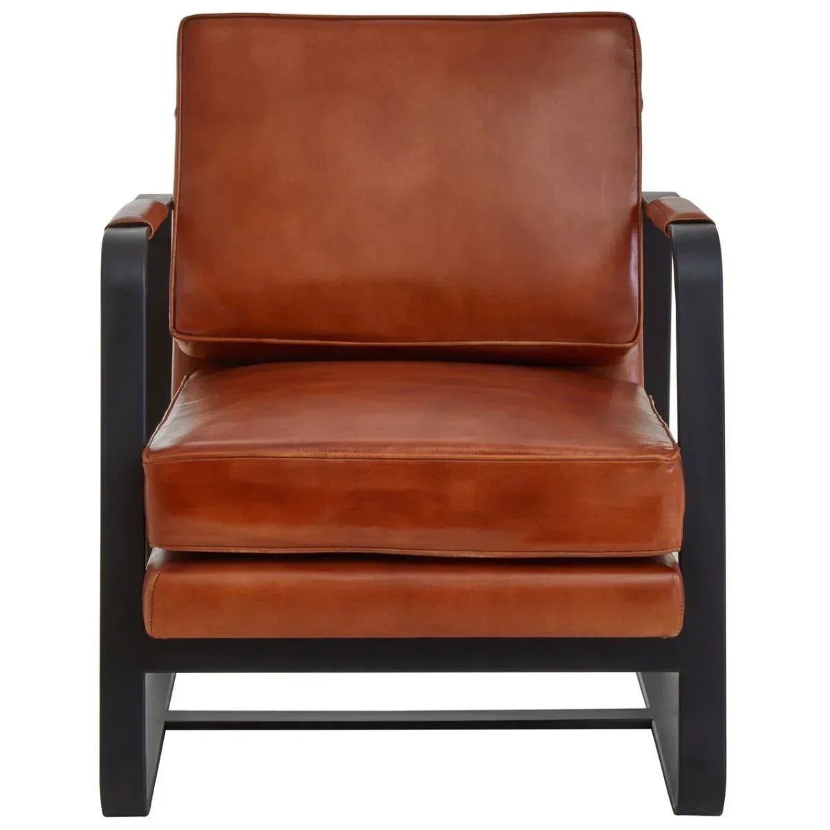 Brown leather armchair with black metal frame, front view