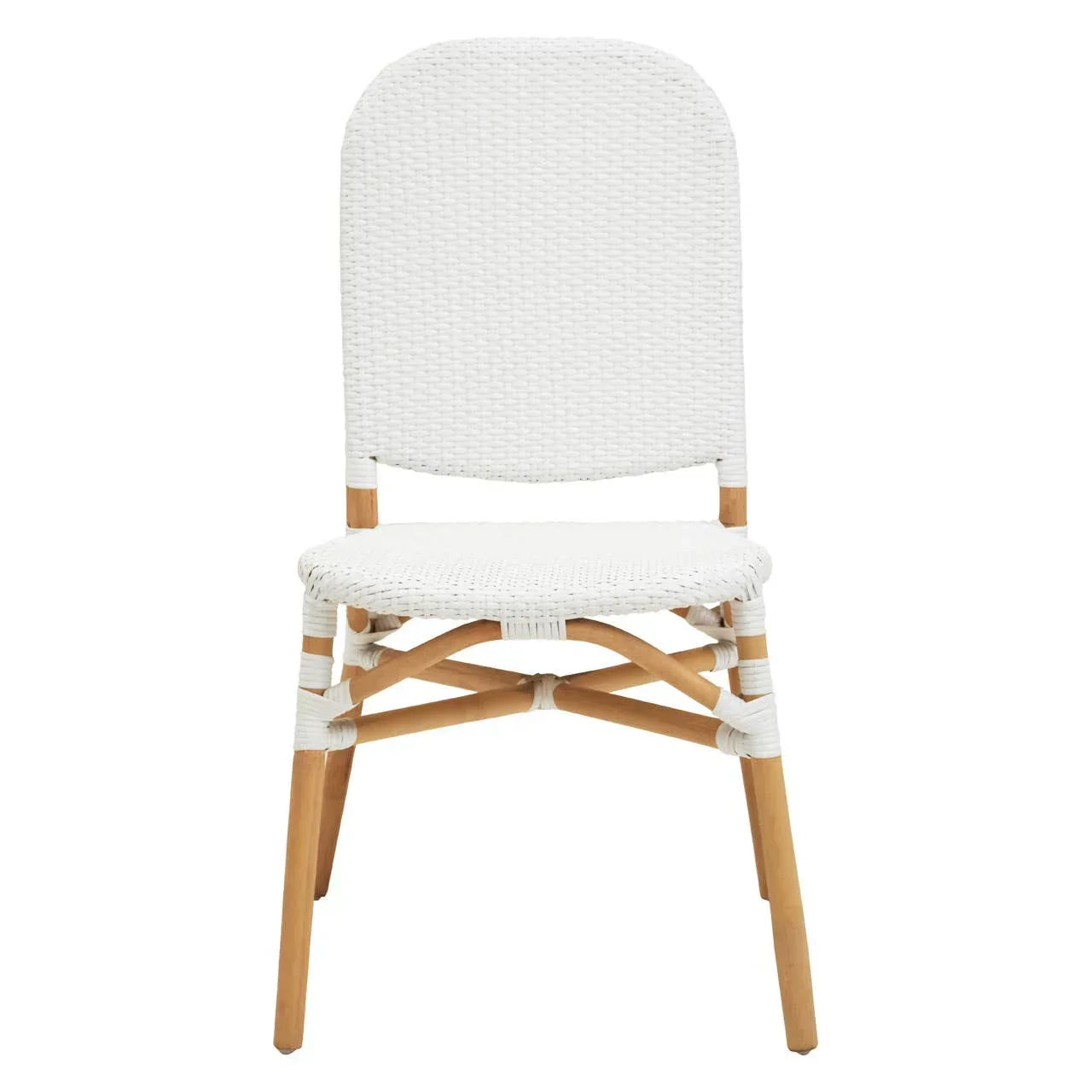 White rattan dining chair with woven seat and natural wood legs, front view