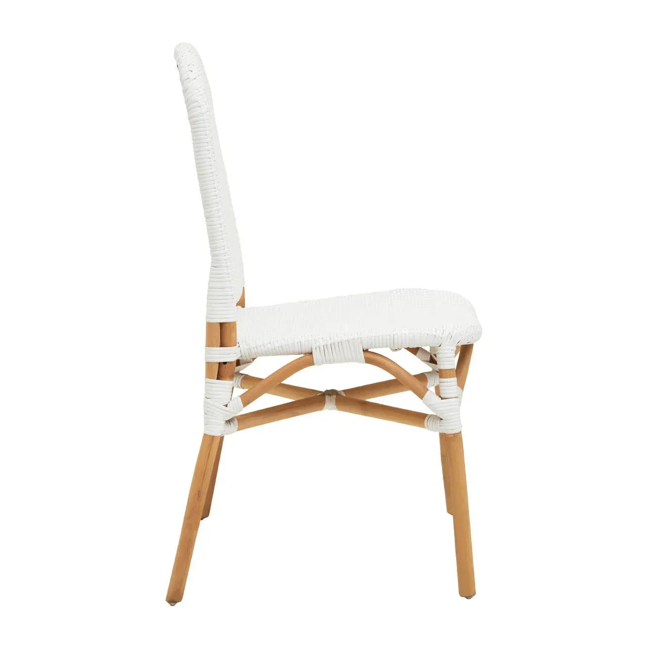 White rattan dining chair with wooden legs side view