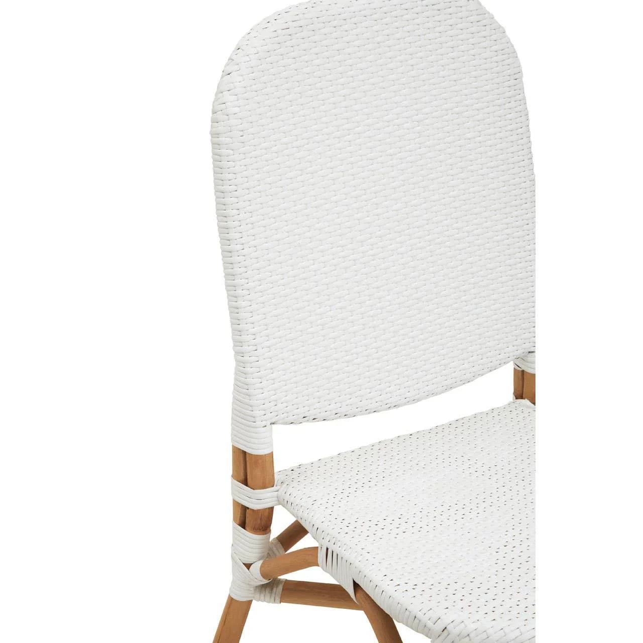 White woven rattan dining chair with natural wooden legs, close-up of back and seat