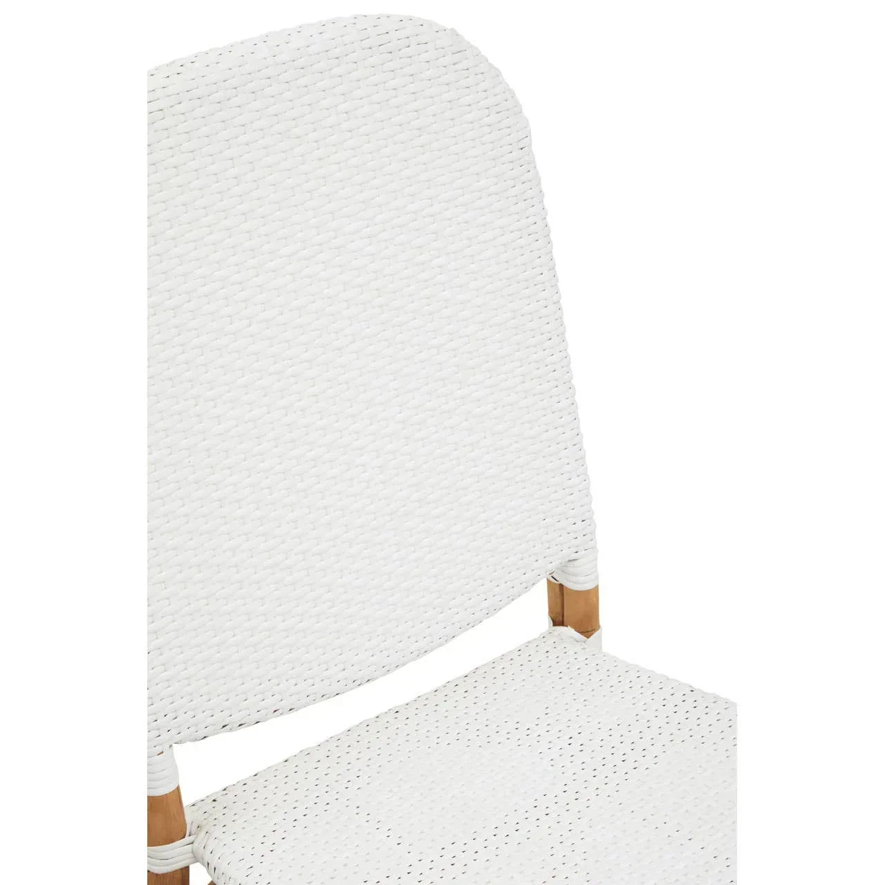 White woven rattan dining chair with wooden legs, close view of seat and backrest