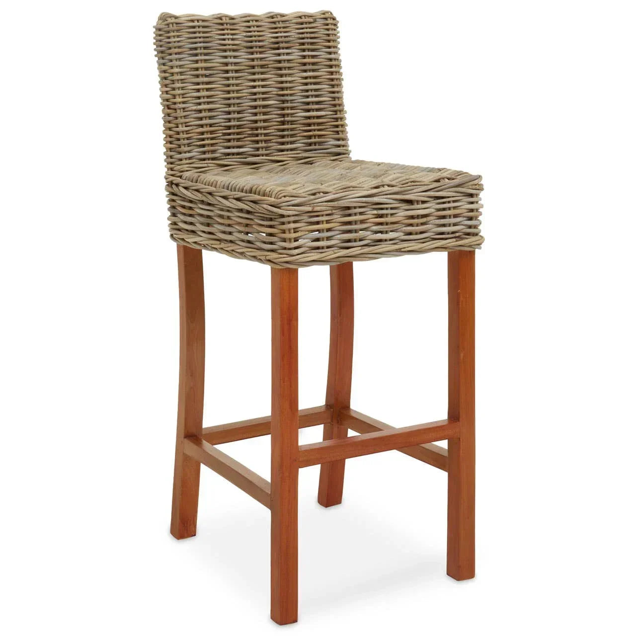 Rattan bar stool with woven seat and backrest on solid wooden legs