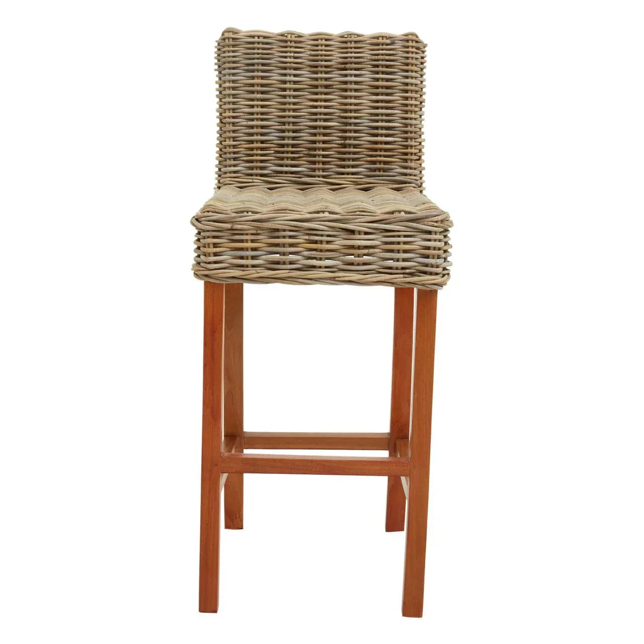 Rattan bar stool with woven seat and backrest on wooden legs, front view