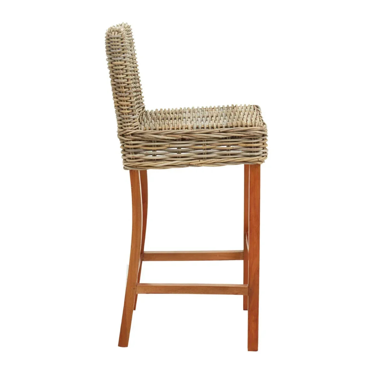 Side view of rattan bar stool with wooden legs and woven seat and backrest