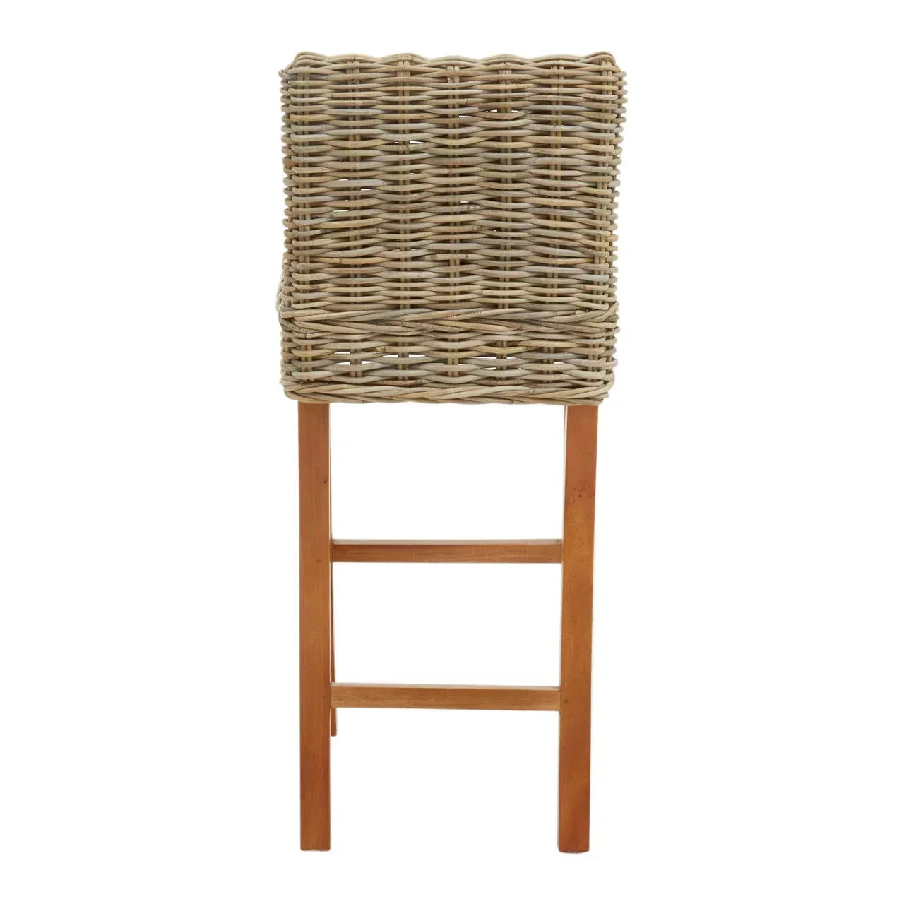 Wicker bar stool with natural rattan seat and wooden legs, rear view