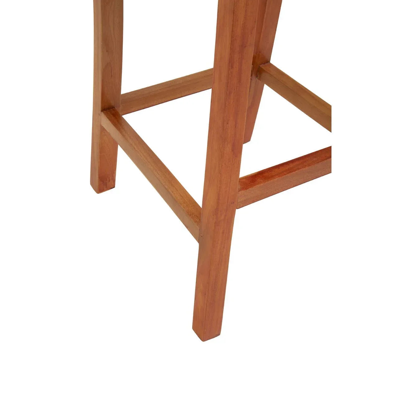 Solid wood bar stool legs with footrests in natural finish, close-up view