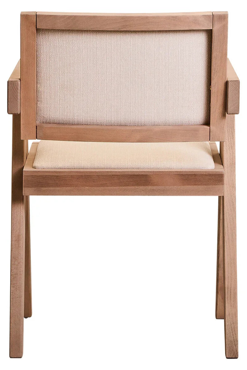 Light wood dining chair with beige fabric seat and backrest, rear angle view