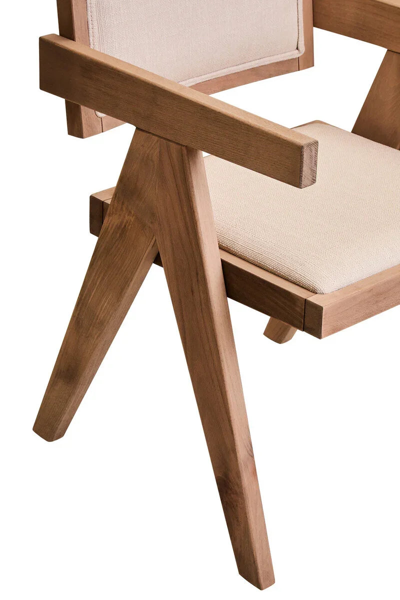 Modern wooden armchair with beige upholstered seat and backrest, side view detail