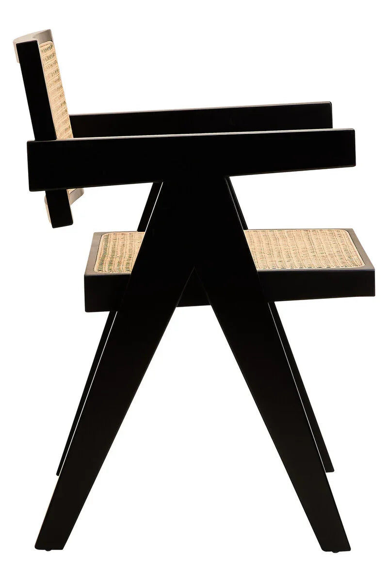 Black wood accent chair with woven rattan seat and backrest, side profile view