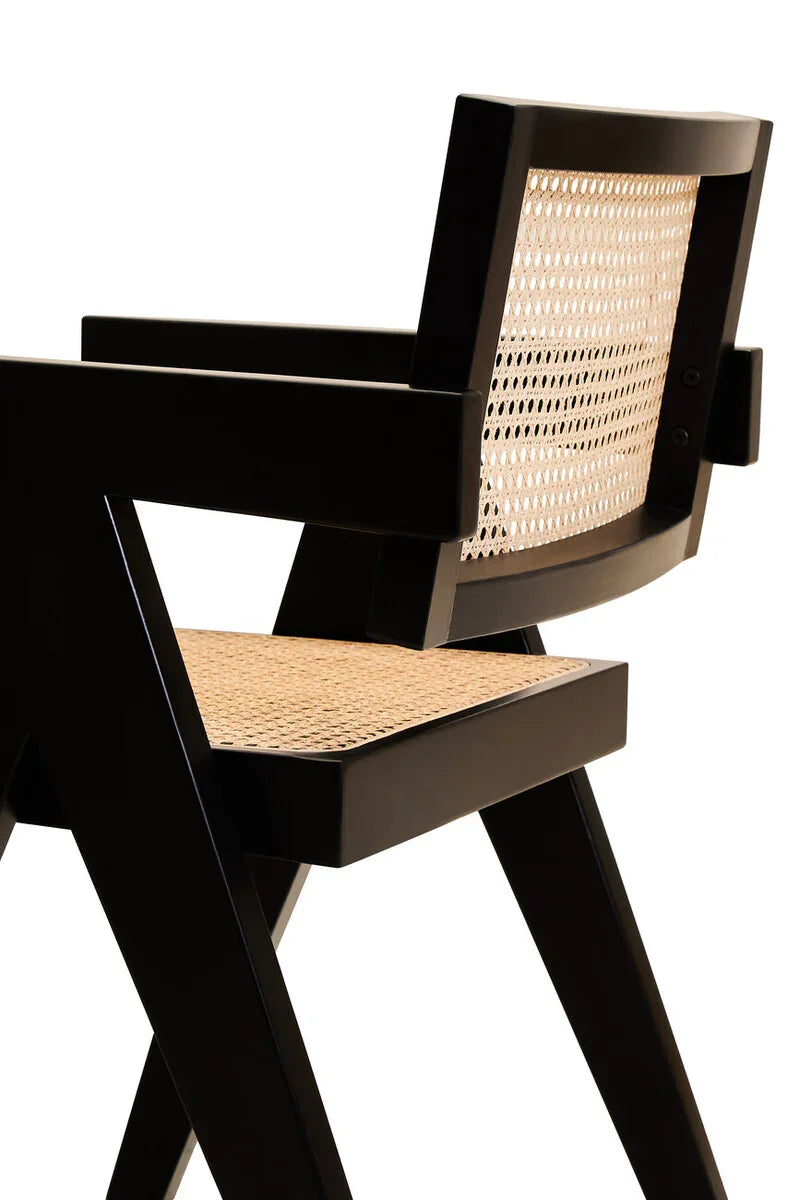 Modern dining chair with black wood frame and woven rattan seat and backrest