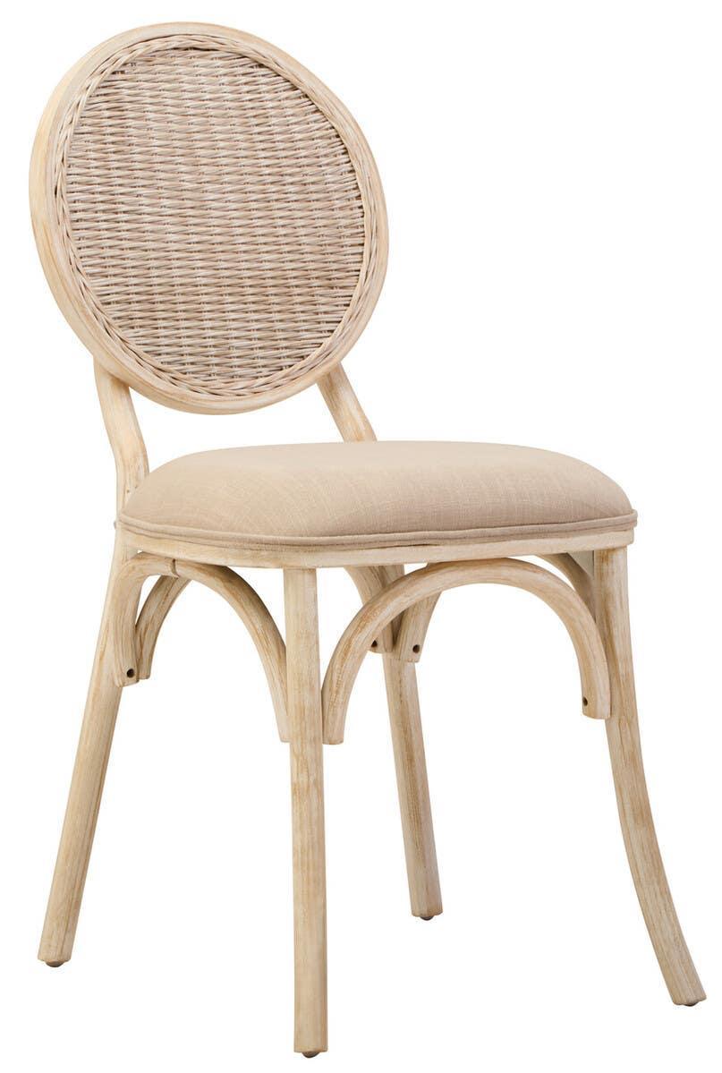 Natural rattan dining chair with upholstered seat and round woven backrest