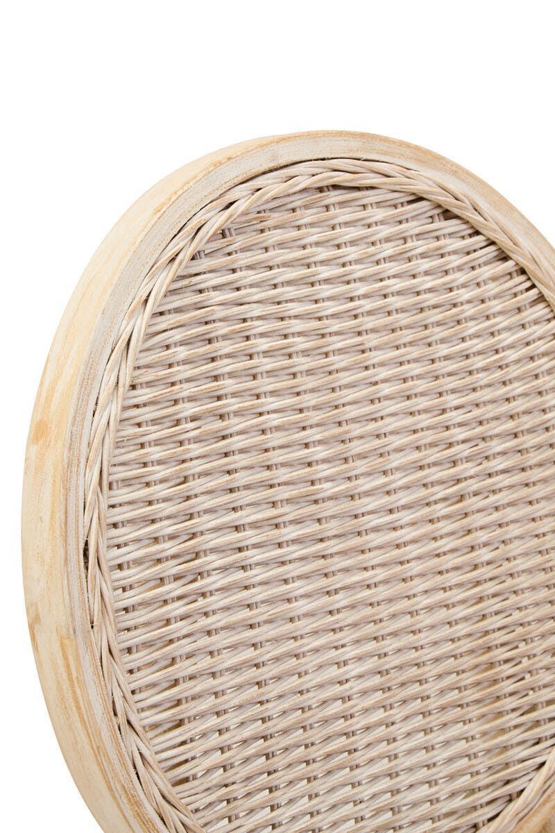 Close up of round rattan furniture backrest with natural wood frame