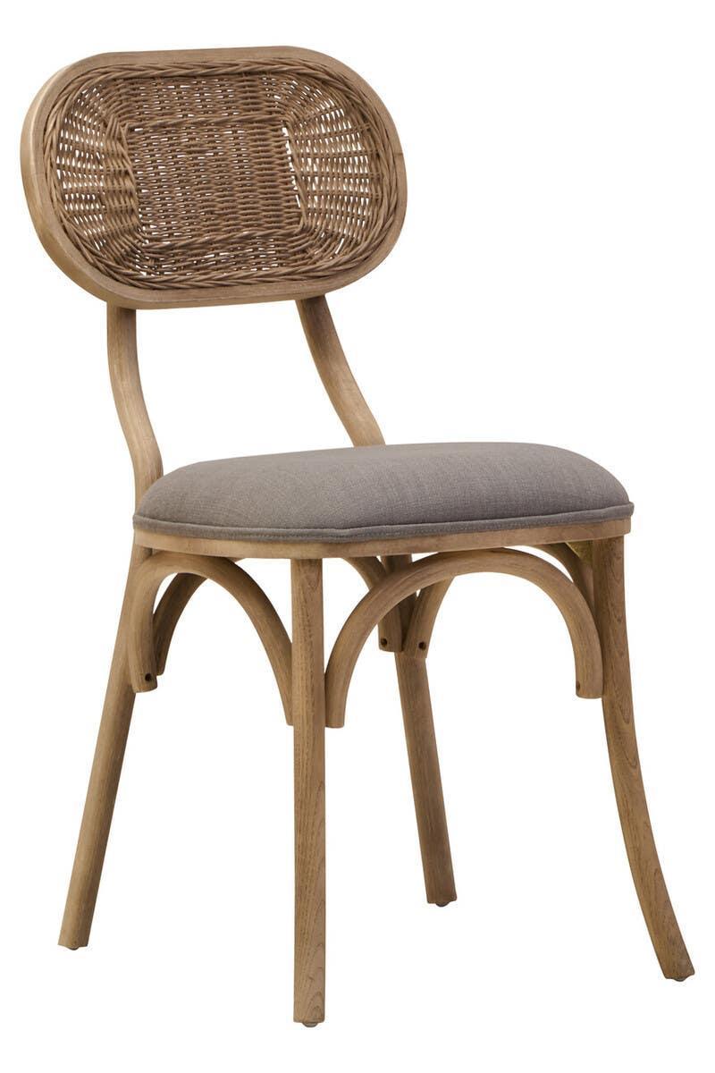 Oak dining chair with curved legs, rattan backrest and grey upholstered seat