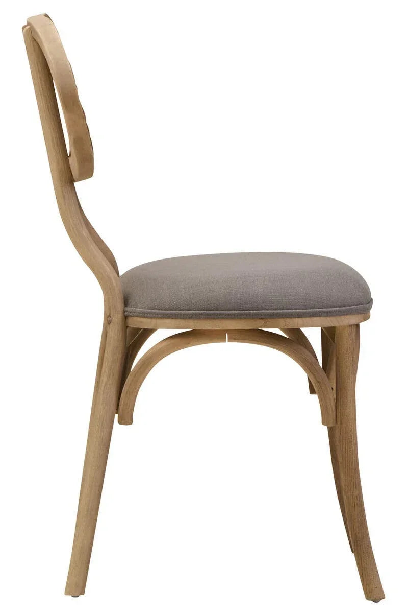 Oak dining chair with curved wooden backrest and upholstered grey seat, side view