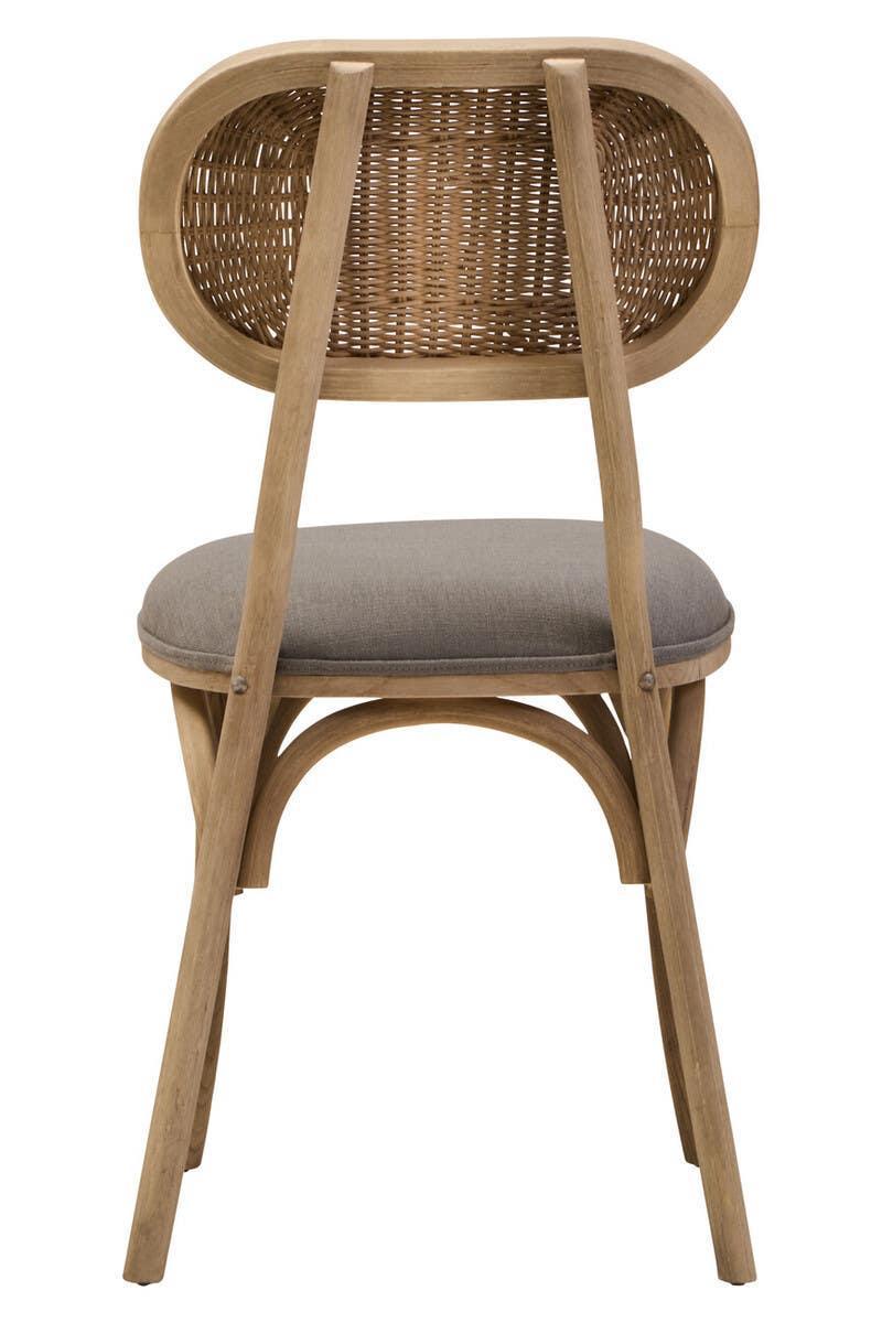 Oak dining chair with woven rattan backrest and grey fabric seat, rear angle view