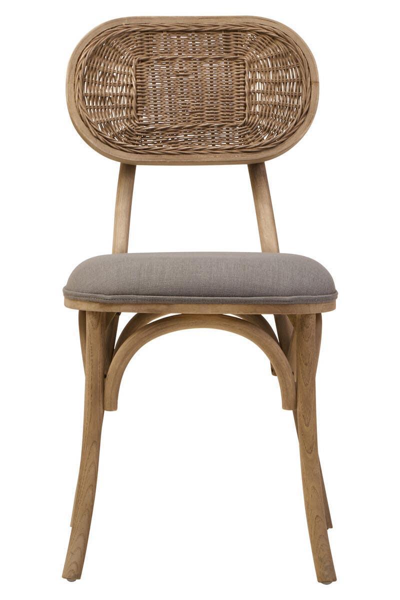 Rattan dining chair with curved wooden frame and grey upholstered seat, front view