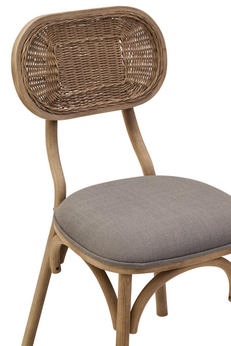 wooden dining chair with woven rattan backrest and grey fabric seat cushion