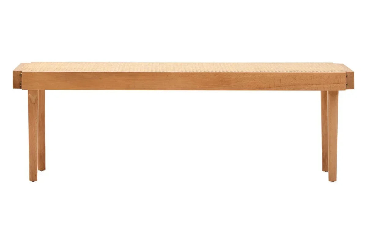 Rectangular wooden dining bench with four straight legs and woven rattan seat detail