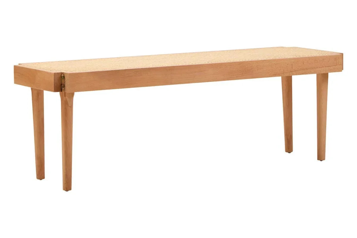 Rectangular wooden bench with four tapered legs and light wood finish